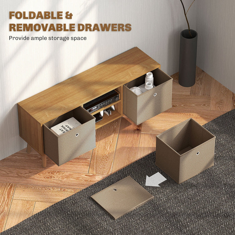 Fabric drawer lifted out and folded flat beside the brown TV cabinet