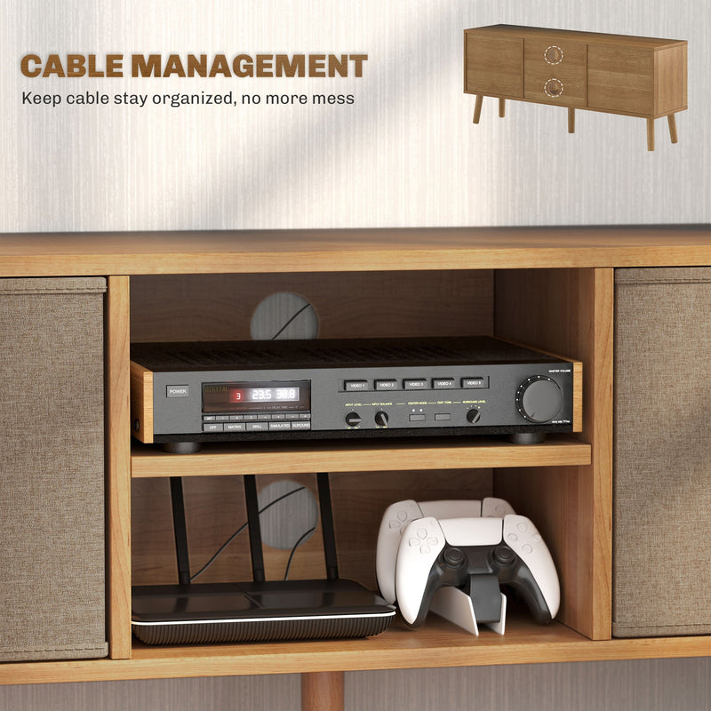 Open shelves holding a stereo receiver and router with rear cable management holes shown