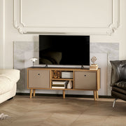 Brown TV stand in a panelled living room between a cream sofa and a leather armchair