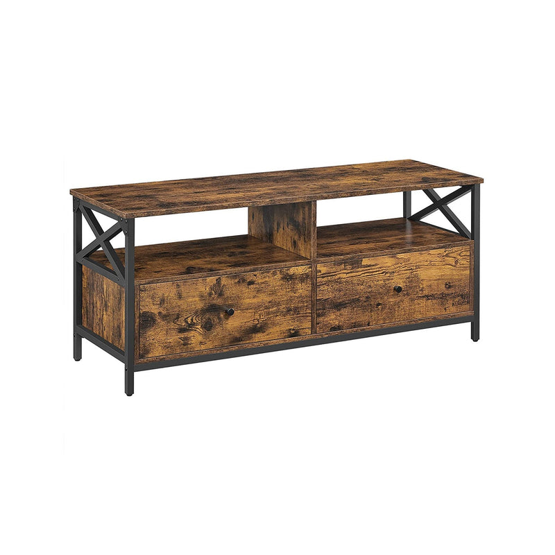 Rustic brown TV stand with a black steel X-frame, two open compartments and two drawers on a plain background