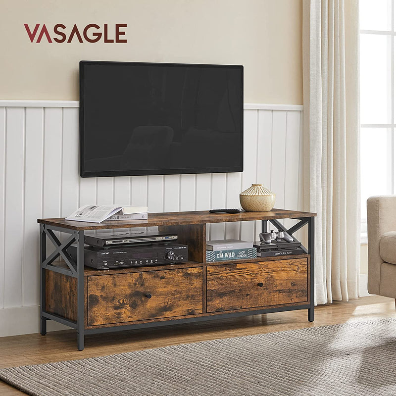 TV stand below a wall-mounted television holding a media player, books and a vase in a panelled living room