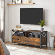 TV stand in a bright living room with a retro radio, books and a potted fern on the open shelves