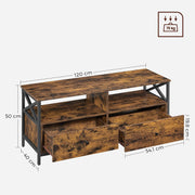 Dimension diagram showing the TV stand at 120 cm wide, 40 cm deep and 50 cm tall with drawers 54.1 cm wide and 19.8 cm tall