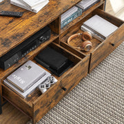 Both drawers pulled open to show a games console, controllers, headphones and books stored inside