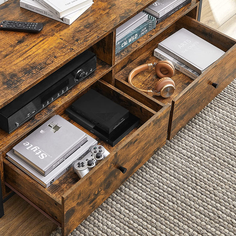 Both drawers pulled open to show a games console, controllers, headphones and books stored inside