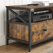 Close-up of the black steel X-brace on the side panel with an AV receiver on the shelf above the drawer