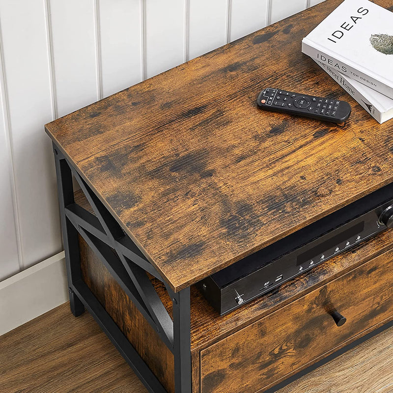 Close-up of the rustic brown wood-effect top surface with a remote control and stacked books