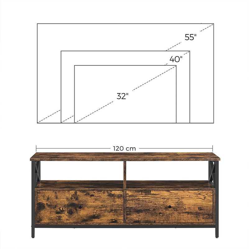 Compatibility diagram comparing 32 inch, 40 inch and 55 inch television outlines against the 120 cm wide top