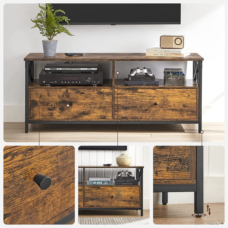 TV stand beneath a soundbar holding media players, a wooden radio and a plant against a white wall