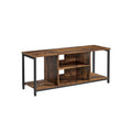 Rustic brown and black Vasagle TV stand shown at an angle on a white background