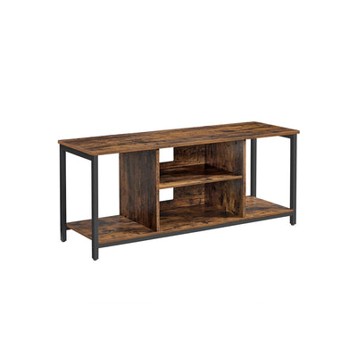 Rustic brown and black Vasagle TV stand shown at an angle on a white background