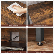 Four close-up panels showing the wipe-clean top, wood grain, cable hole and adjustable foot
