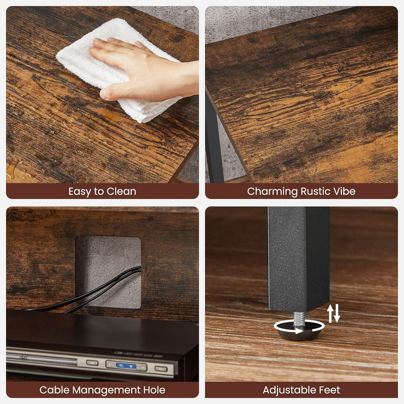 Four close-up panels showing the wipe-clean top, wood grain, cable hole and adjustable foot