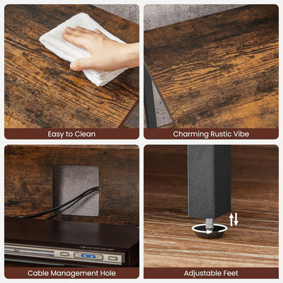 Four close-up panels showing the wipe-clean top, wood grain, cable hole and adjustable foot