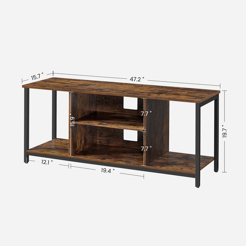 Line drawing of the TV stand with overall and compartment measurements labelled in inches