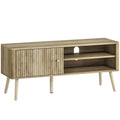 Oak Homcom TV stand cabinet with fluted door and open shelving on the right side