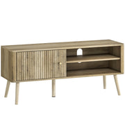 Oak Homcom TV stand cabinet with fluted door and open shelving on the right side