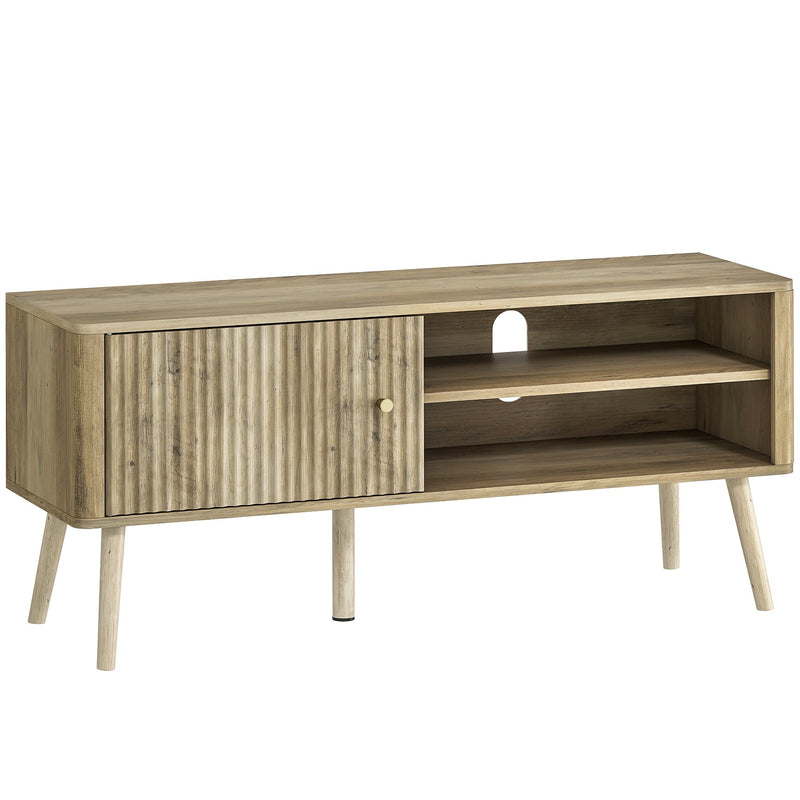 Oak Homcom TV stand cabinet with fluted door and open shelving on the right side