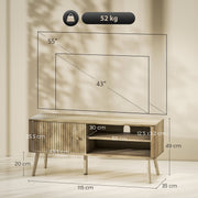 Dimension diagram of the TV stand showing 115 x 35 x 49cm size and support for TVs up to 55 inches