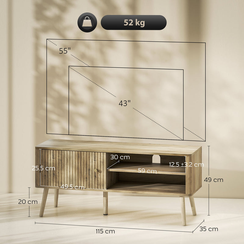 Dimension diagram of the TV stand showing 115 x 35 x 49cm size and support for TVs up to 55 inches