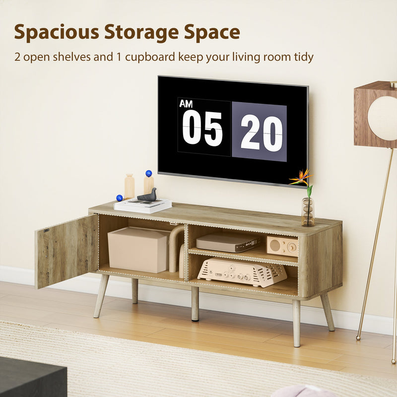 TV stand cupboard door open showing storage space and speaker equipment inside