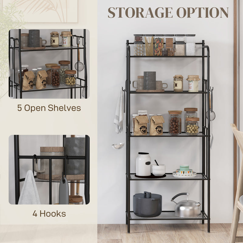 Five Tier Steel Kitchen Storage Shelf Unit With Sturdy Frame For Home Organisation Black