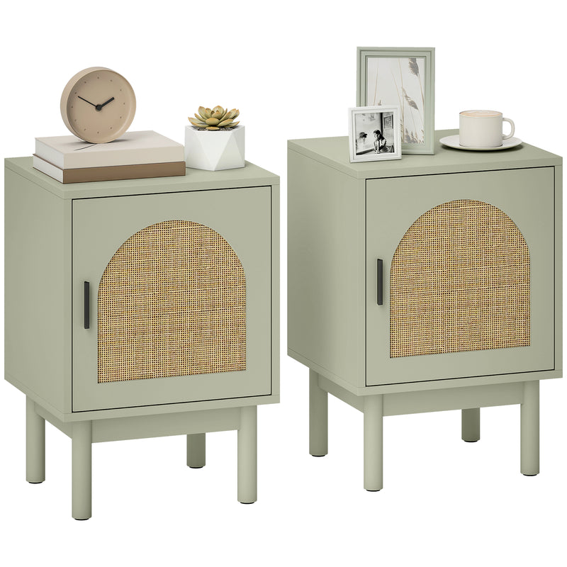 HOMCOM Set of 2 Rattan Bedside Tables, Boho Nightstands with Solid Wood Legs and Storage Cabinet for Living Room, Bedroom, Accent End Side Table, Light Green AOSOM