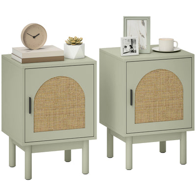 HOMCOM Set of 2 Rattan Bedside Tables, Boho Nightstands with Solid Wood Legs and Storage Cabinet for Living Room, Bedroom, Accent End Side Table, Light Green AOSOM