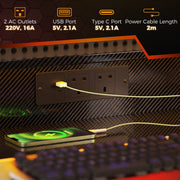 Close-up of the two UK sockets, USB port and Type C port fitted under the monitor shelf