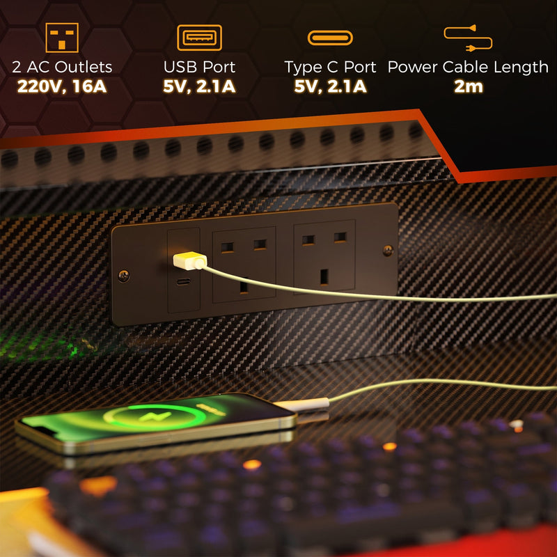 Close-up of the two UK sockets, USB port and Type C port fitted under the monitor shelf