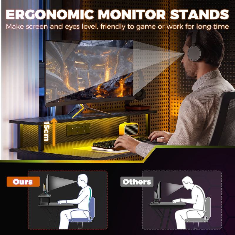Monitor shelf lifting a screen 15 cm, with a seated posture comparison shown below