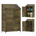 Green stained wooden garden shed shown closed and open, with one full-width shelf making two tiers