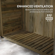 Ventilation panel explaining how the slatted base moves air through the shed to keep tools dry