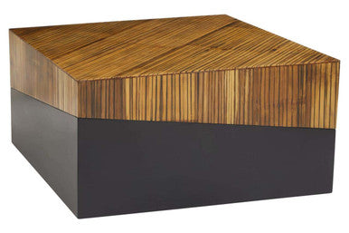 Overhead view showing the angular line across the natural bamboo tabletop