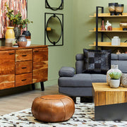Bamboo and black coffee table in a monochrome living room setting