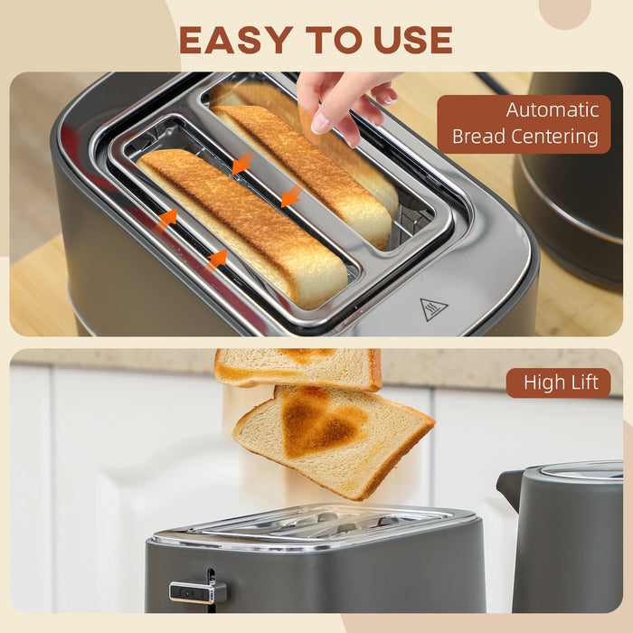 Grey 1.7L Fast Boil Cordless Kettle and 2 Slice Toaster Set With 6 Browning Levels by HOMCOM