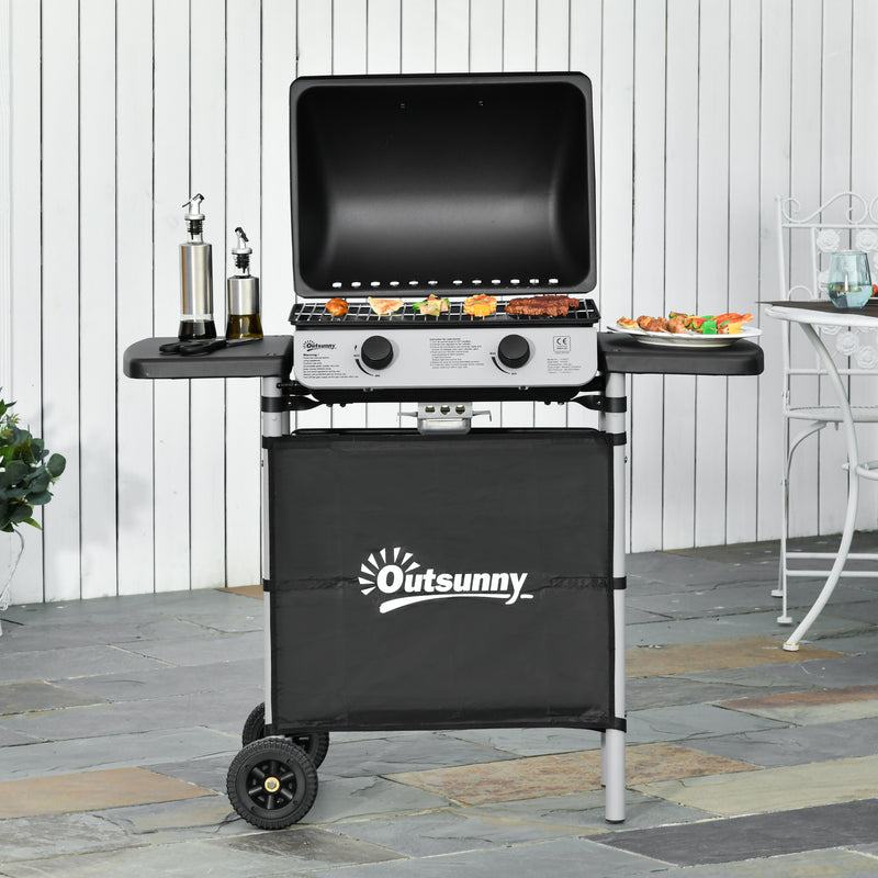 2 Burner Gas BBQ Trolley with Lid 5.6 kW Grill Wheels and Side Shelves Grey by Outsunny