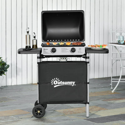 2 Burner Gas BBQ Trolley with Lid 5.6 kW Grill Wheels and Side Shelves Grey by Outsunny