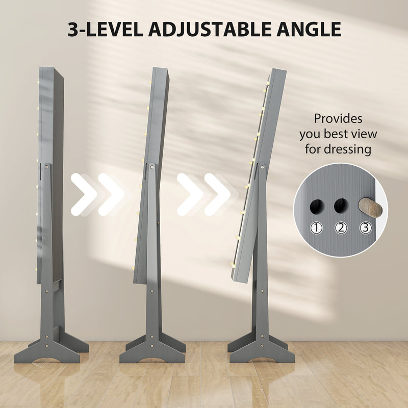 Freestanding Jewellery Cabinet With LED Lights And Full Length Mirror Storage Grey