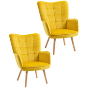Set of 2 Velvet Wingback Accent Chairs with Wood Legs for Lounge or Living Room Yellow