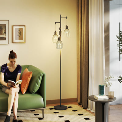 Industrial 3 Light LED Floor Lamp Dimmable Steel Cage Design For Living Room, Black Homcom