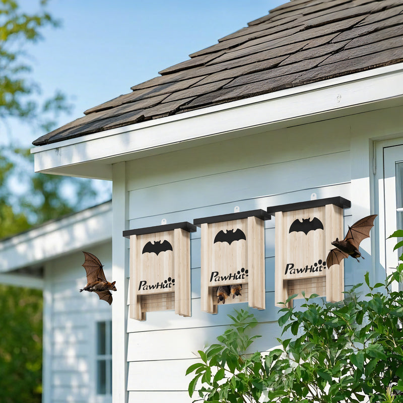 3 Piece Wooden Bat Box Set Easy to Hang for Garden Farm and Outdoor Use by PawHut