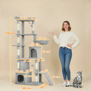 Large 170 cm Cat Tree Tower with Hammock Tunnel Condos and Scratching Posts Light Grey AOSOM