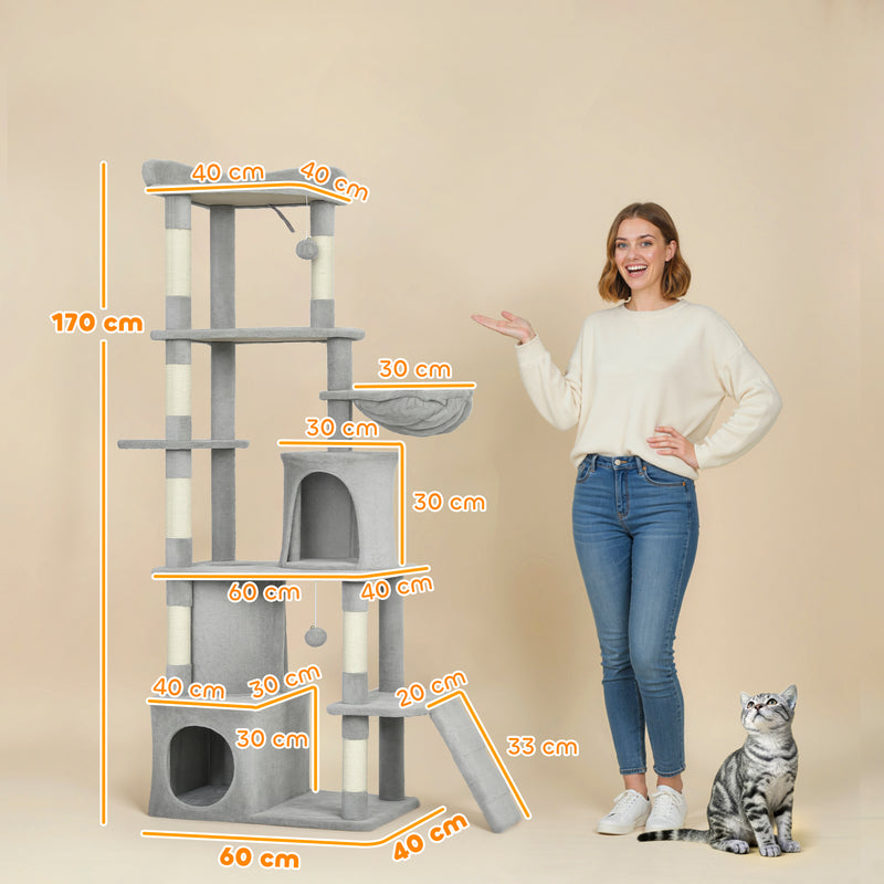 Large 170 cm Cat Tree Tower with Hammock Tunnel Condos and Scratching Posts Light Grey AOSOM