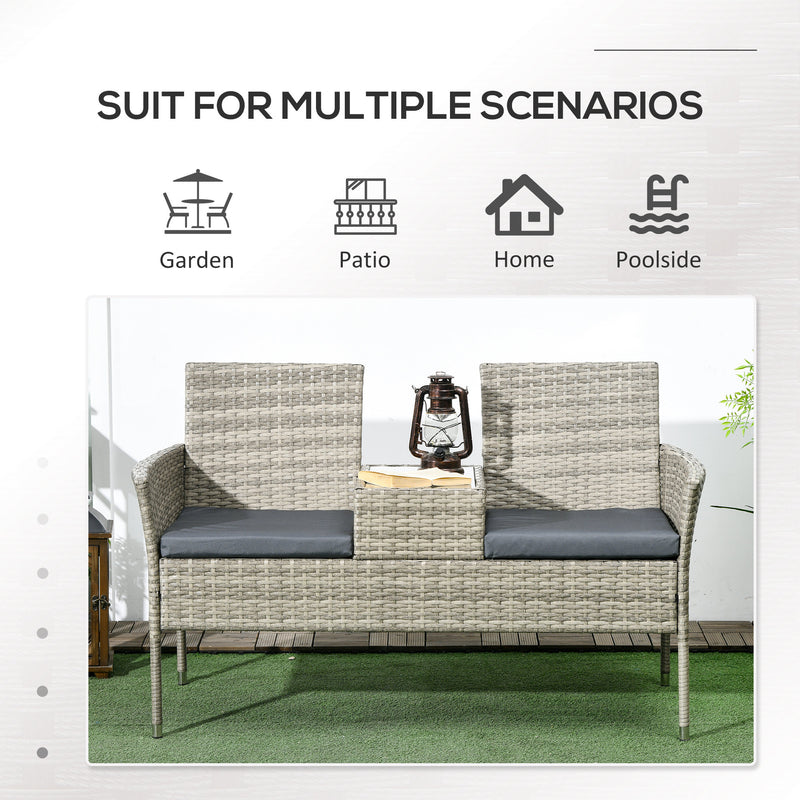 Light Grey Rattan Two Seat Garden Chair With Built In Table For Outdoor Relaxing