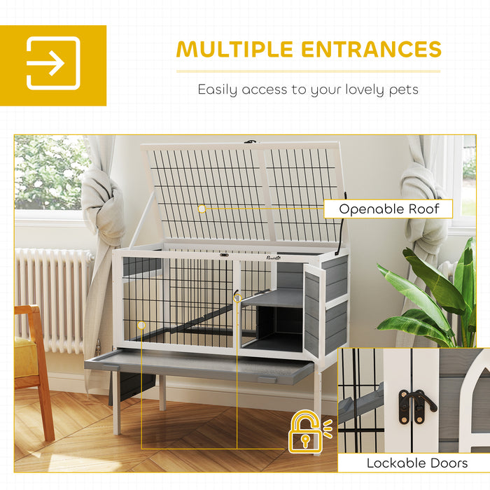 Grey Wooden Rabbit Hutch with Removable Tray and Openable Roof by PawHut