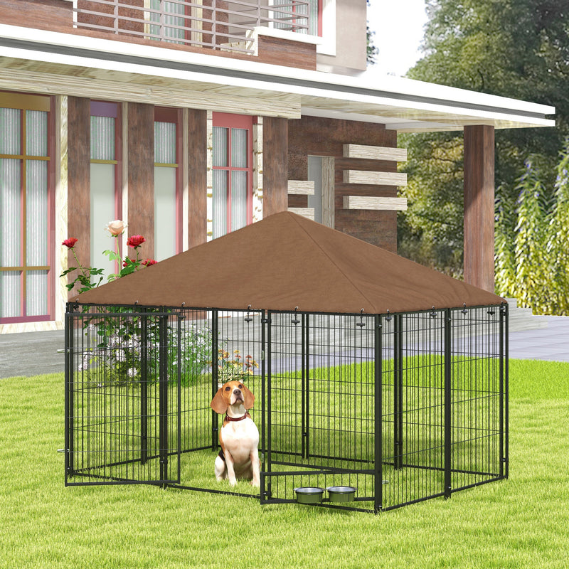 Outdoor Dog Kennel with Canopy and Rotating Bowl Puppy Playpen Enclosure by PawHut