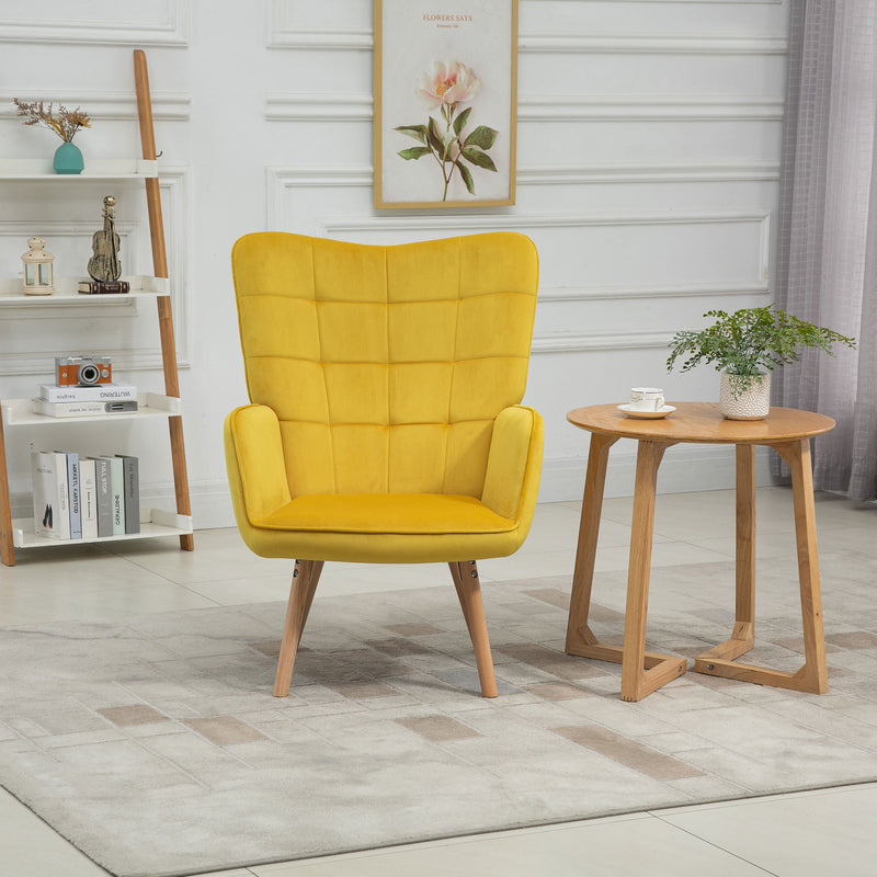Yellow Velvet Wingback Accent Chair with Tufted Upholstery for Lounge or Bedroom Comfort