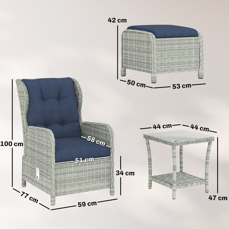 Deluxe Rattan Garden Bistro Set for 2 with Reclining Chairs Footstools and Table, Grey