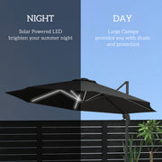 Dark Grey 3m Cantilever Garden Parasol With Base And Solar LED Lights For Shade